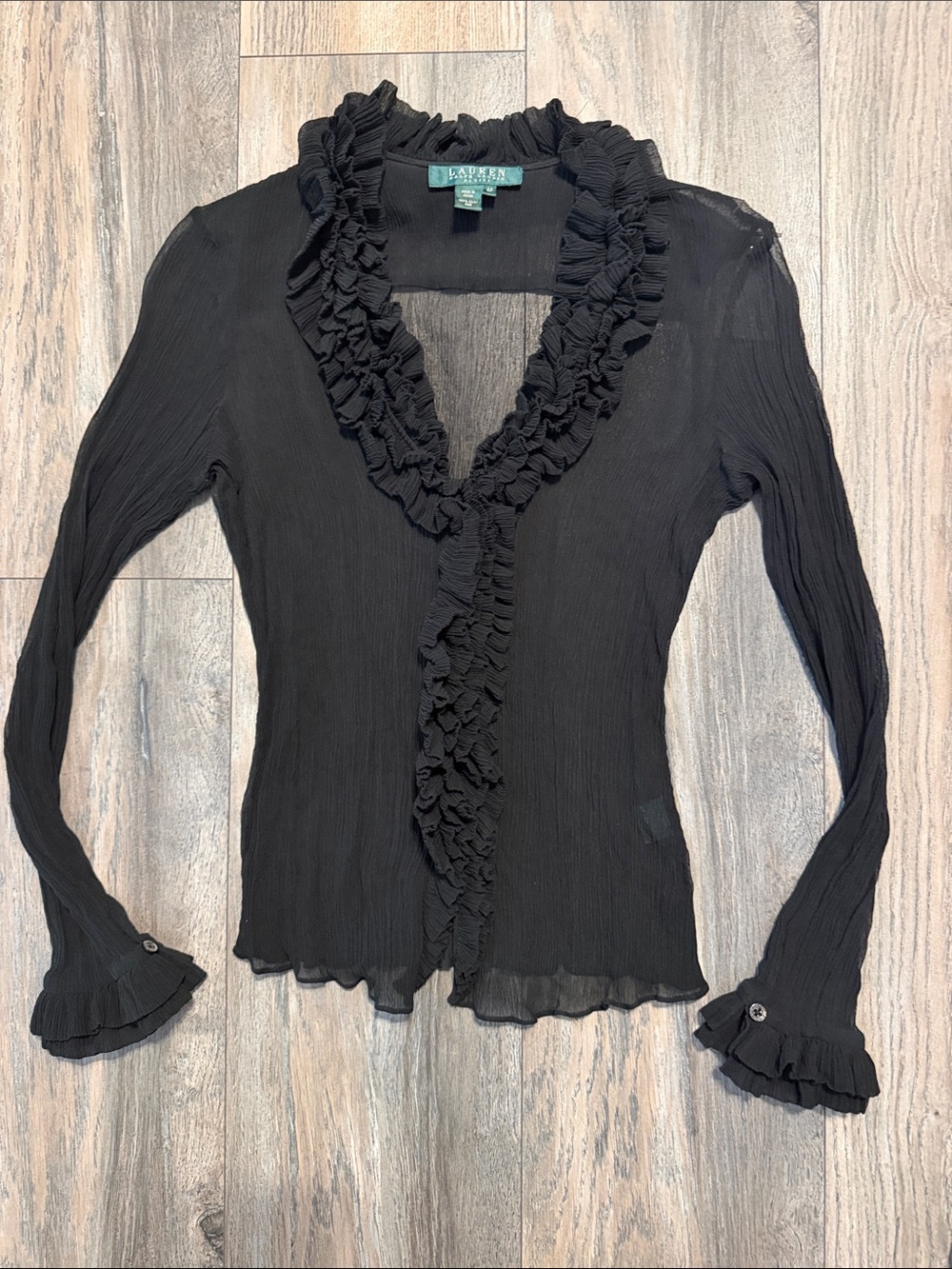 Lauren Ralph Lauren 100%Silk Black Ruffled V-Neck Blouse